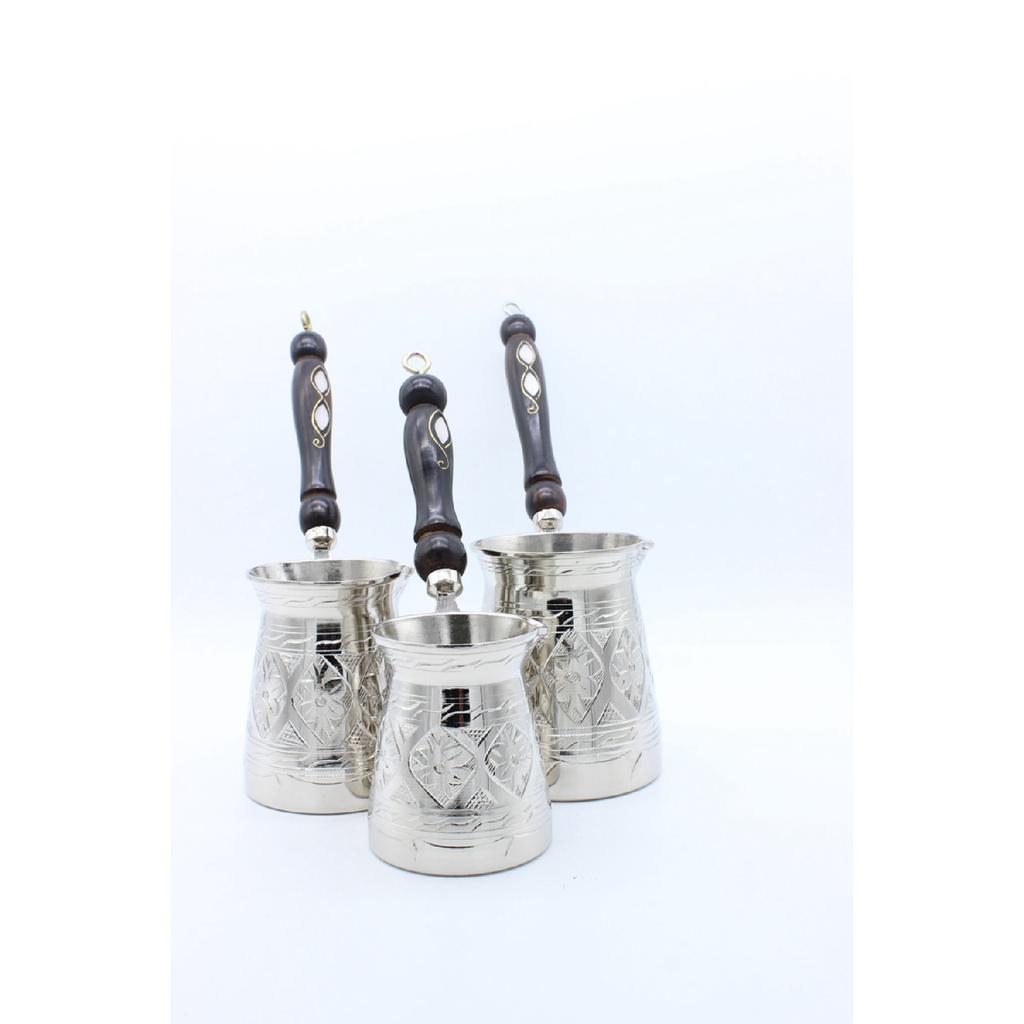Газиантеп ручной работы с деревянной ручкой Медный кофейник Серебряный цвет 3 шт. Набор кофейников