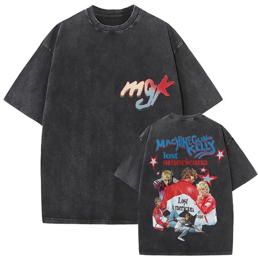 Футболки рэпера MGK Lost Americana Tour 2026 Machine Gun Kelly Винтажная стираная футболка с принтом Мужская хип-хоп футболка с коротким рукавом