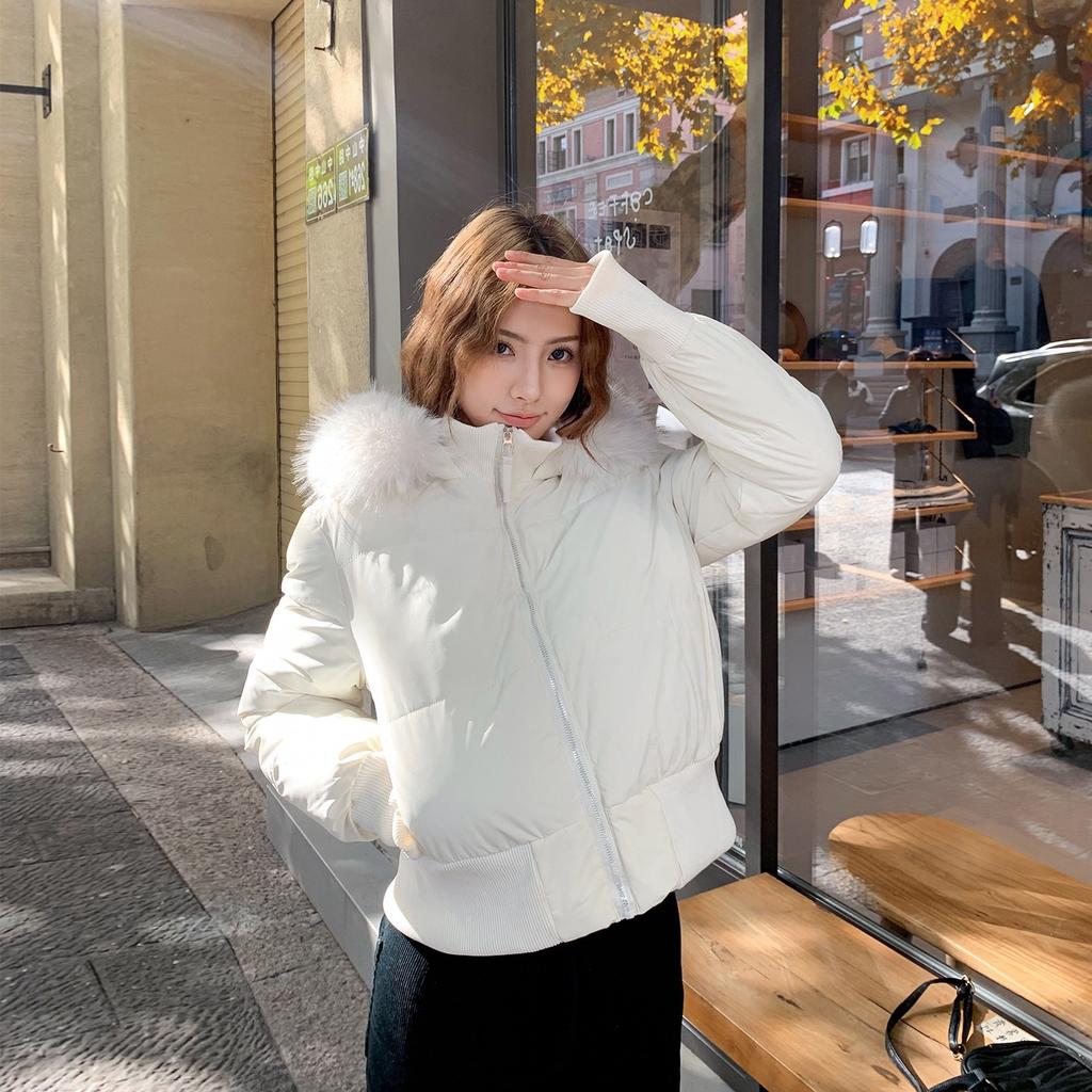 Small slim-fitting winter cotton-padded clothes women's big fur collar hooded short cotton-padded jacket, double zipper windproof and versatile so