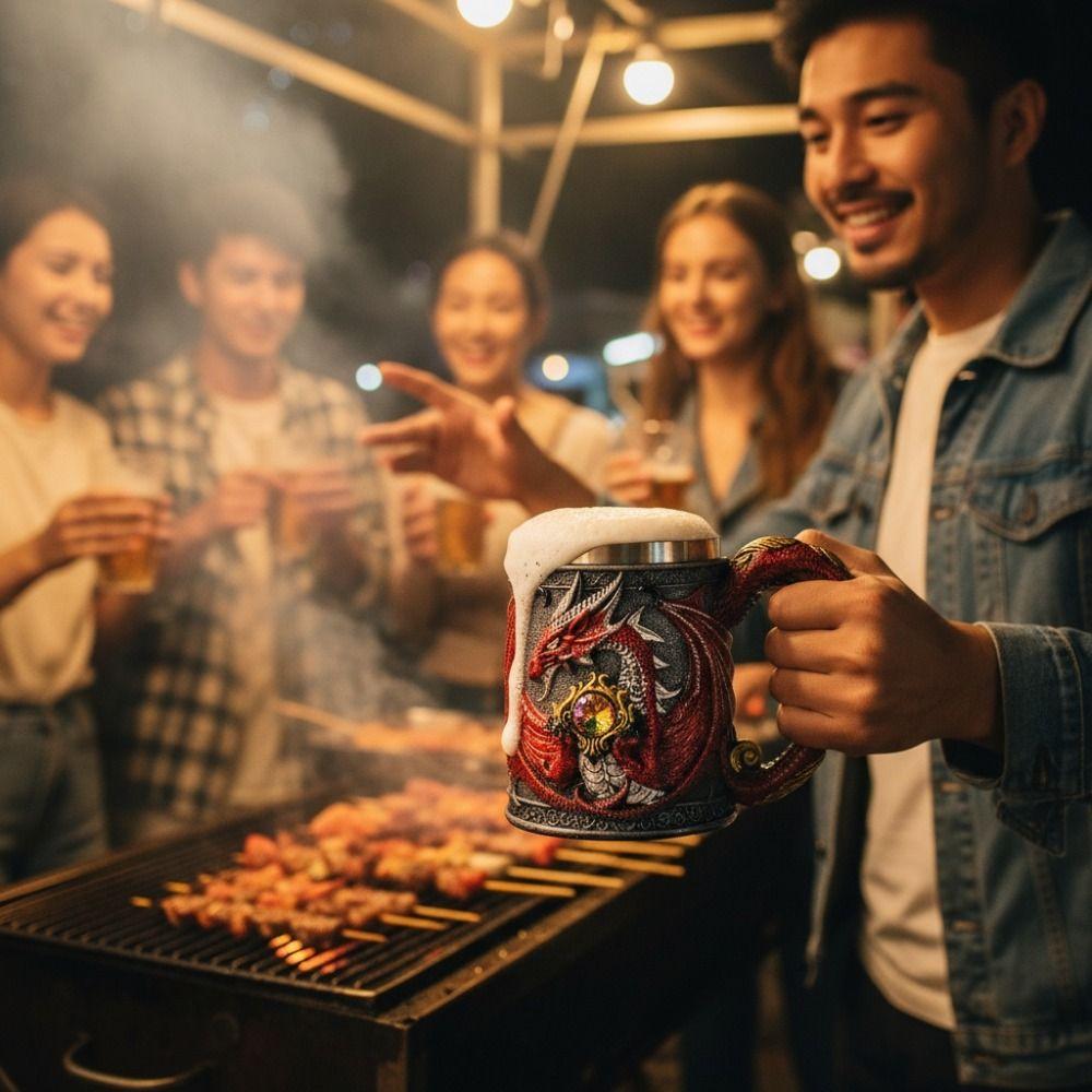 304 Stainless Steel Inner Gothic Flying Dragon Beer Stein 3D Embossed Coffee Mug  Party