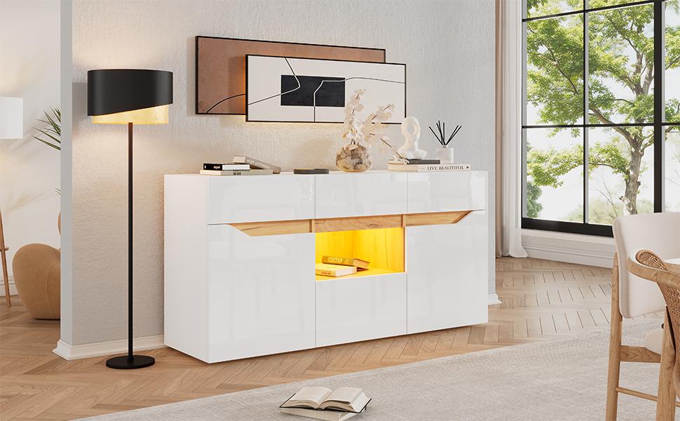 140*40*70cm Living Room Sideboard With 4 Drawers, Cabinet with Two Compartments, High-Gloss Sofa Side Cabinet with LED Lighting, White + Wood Color