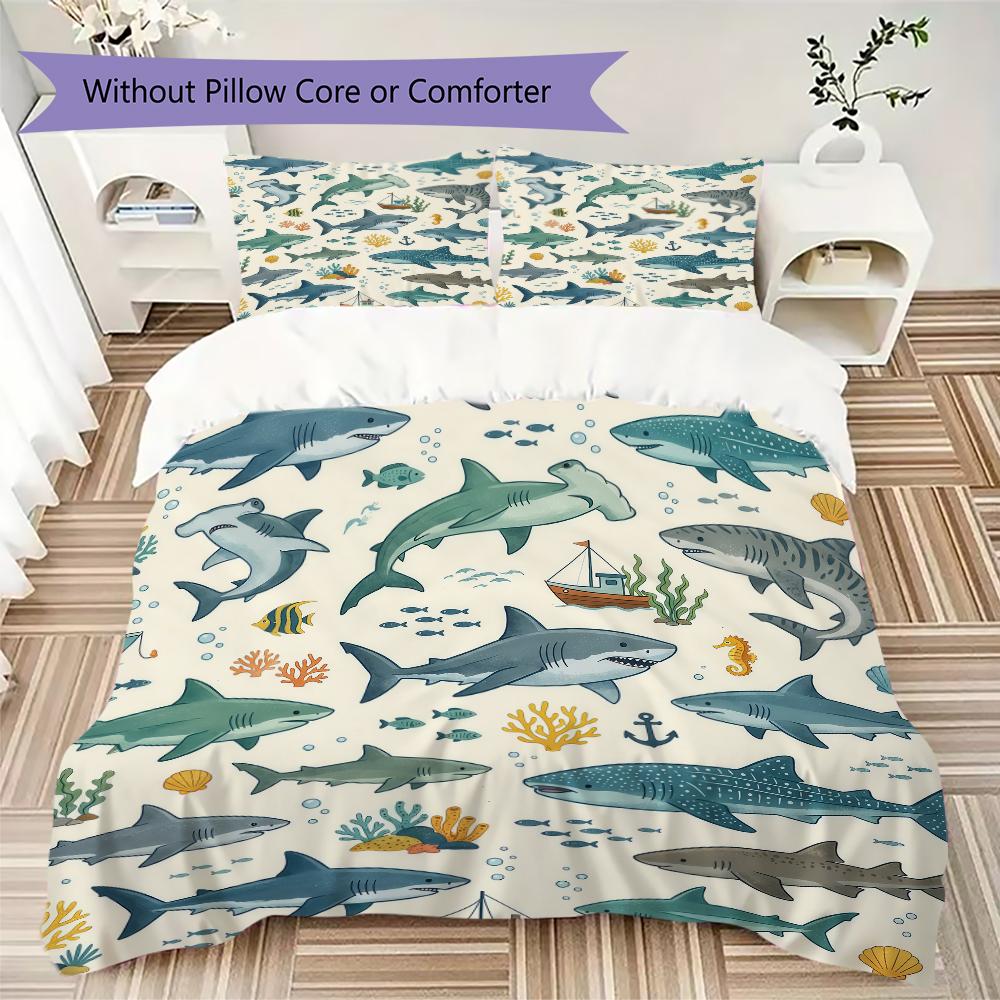 All Over Sharks Pattern Bedding uilt Set uilt Cover Pillowcase Home Decoration Birthday Gift (1 * duvet cover + 2 * pillowcase without core)