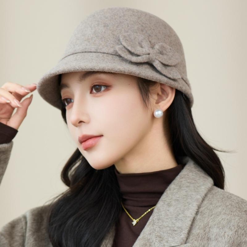 Autumn and winter new wool woolen basin hat women's fashion bow warm equestrian hat versatile face hat