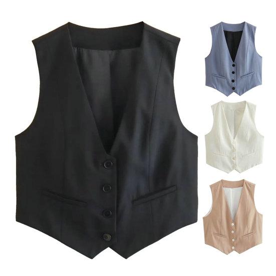 Летний женский жилет без рукавов с v-образным вырезом, однобортный, с маленькими карманами, облегающий однотонный укороченный жилет, пальто, рабочая одежда