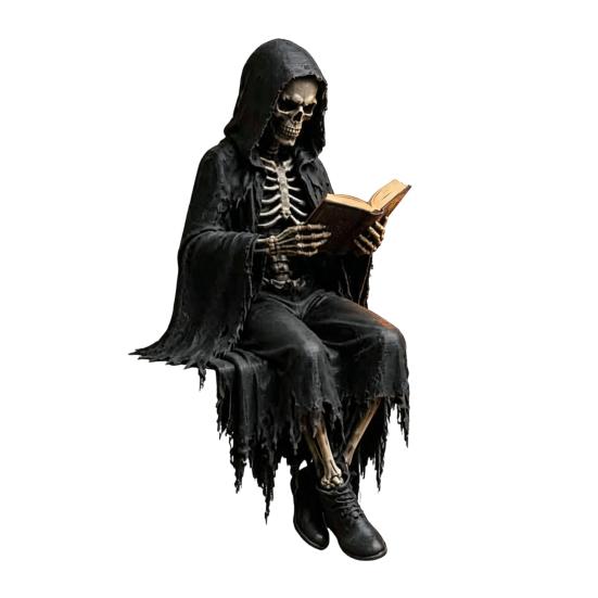 Yousheng Gothic Dark Fantasy Figure, Reading Hooded Grim Reaper Statue, Halloween Resin Sitting Skeleton Figurine for Bookshelf Home