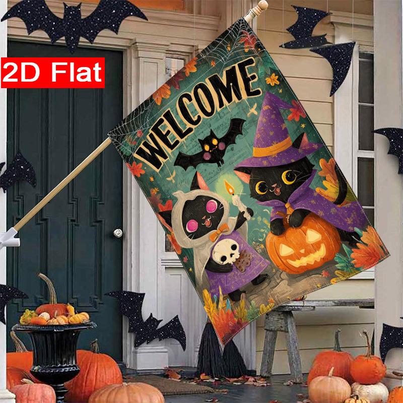 2D Flat, 2D Flat,Welcome to Halloween_ Beautiful Cats_ Pumpkins_ Bats_ Garden Flags, 4 (7)- Outdoor Garden Flags, Double-Sided Home Decoration Courtya
