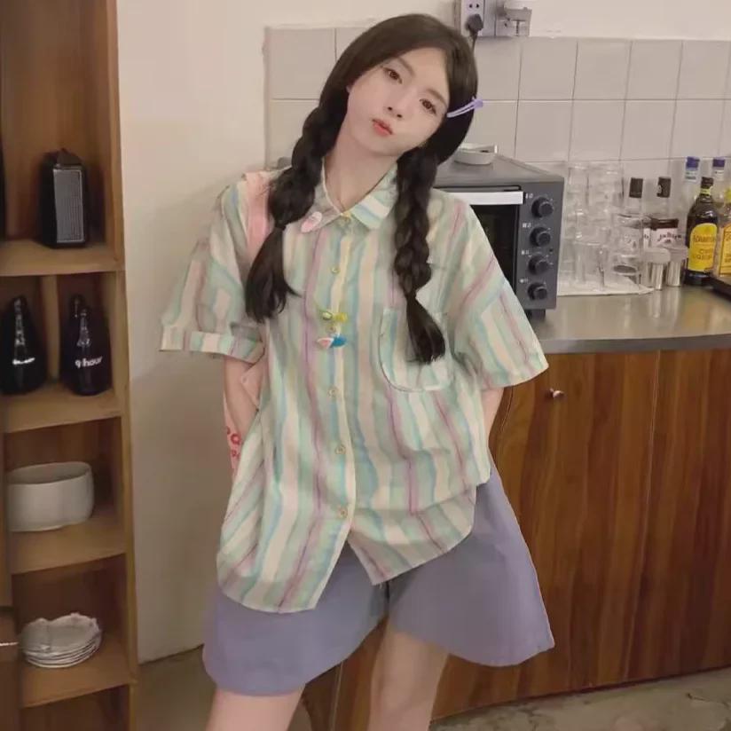 Dopamine Wear Women's Colorful Striped Short-Sleeve Shirt - Cute, Sweet, Loose Fit, Mid-Length for Summer