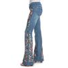 Women Embroidery Destoryed Flare Jeans Button Waist Bell Bottom Denim Pants