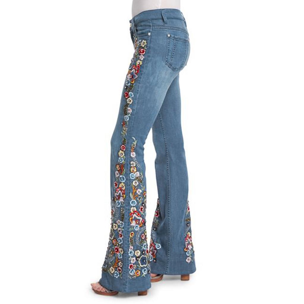 Women Embroidery Destoryed Flare Jeans Button Waist Bell Bottom Denim Pants