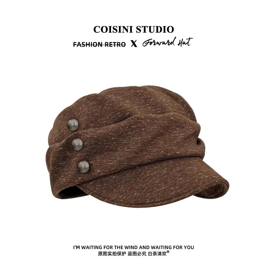 Retro pleated button equestrian hat women's autumn new Korean version versatile face small octagonal hat casual beret