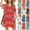 Women's Fashion Smock Hawaiian Floral Casual Short Sleeve V-neck T-shirt Dress Holiday Beach Dress