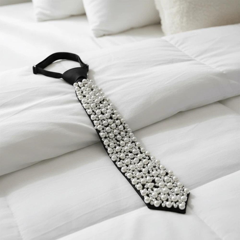 Korean Style Full Pearls Tie Black Decoration Shirt Tie Hand-beaded Long Necktie Students