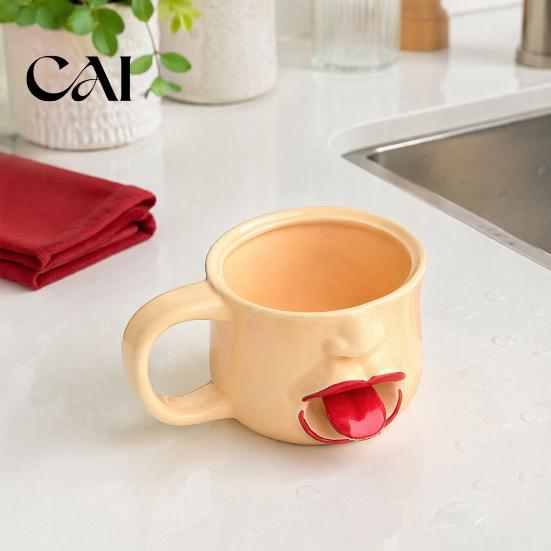 Unique Tongue Sticking Out Cup Quirky Ceramic Coffee Mug, 10oz 3D Sculpted Face Decorative Tea for Students Milk, Funny Creative Drinkware Home