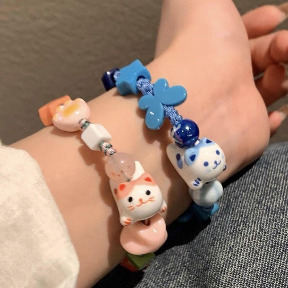 Handmade Maneki Neko Bracelet Korean Style Cat Bead Bracelet Ceramic Cat Bracelet Women