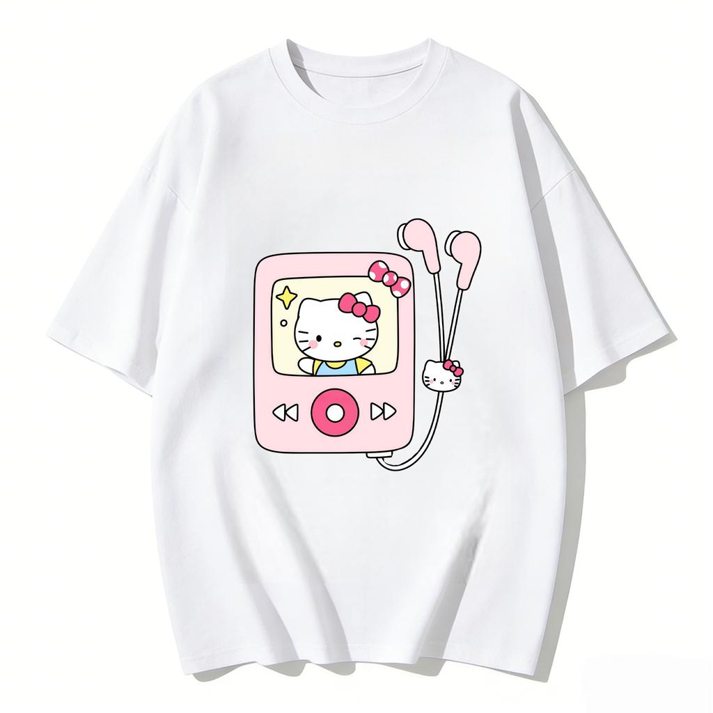 Summer Hello Kitty Cartoon Printed Short Sleeve Pure Cotton Tshirts Womens Family Matching Outfits Versatile Yk Tops Tee