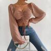 Summer V-neck Chiffon Drawstring Lantern Sleeve Tight Fashion Sexy Shirt Short Top