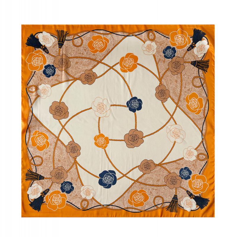 Satin Printed Square Scarf Silk Scarf for Women National Style Floral Scarf Thin Neck Protection Versatile Professional Stewardess Scarf