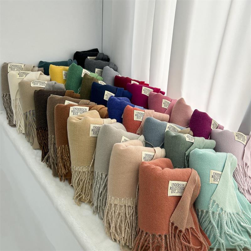 Новый двухсторонний двухцветный искусственный кашемировый однотонный шарф для женщин, зимний теплый шарф-шаль с бахромой для пожилых людей