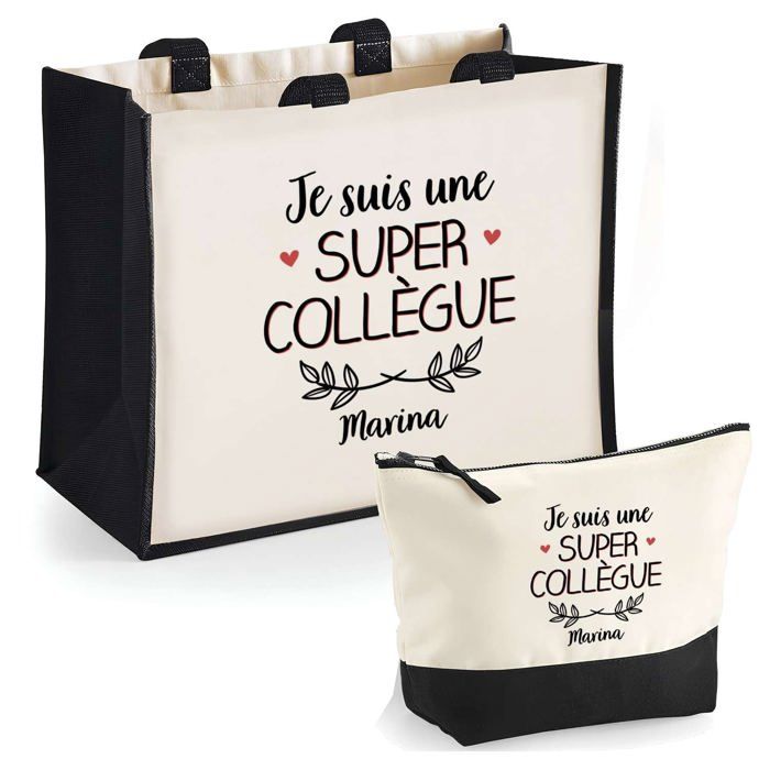 Coffret cabas et trousse - PLANETEE - Marina - jute & coton - personnalisé 'Une super Collègue' - Fabriqué en France