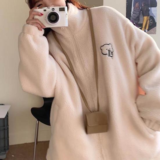 Женская зимняя куртка из искусственной овечьей шерсти с воротником-стойкой и карманами с длинными рукавами на молнии, толстовка, пальто, утолщенная плюшевая верхняя одежда с рисунком медведя из мультфильма