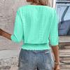 2026 Spring/Summer V-Neck Jacquard Smocked 7-Sleeve T-Shirt - Chic Casual Top