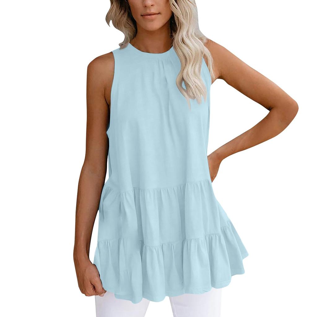 Women's Solid Color Pullover Round Neck Pleated T-Shirt Sleeveless Vest Loose Top