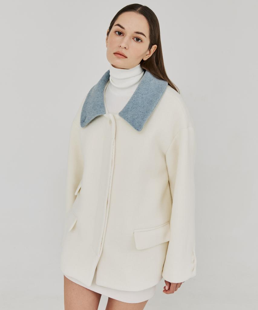 Thefrht Herringbone High-Neck Half Coat (Ivory)