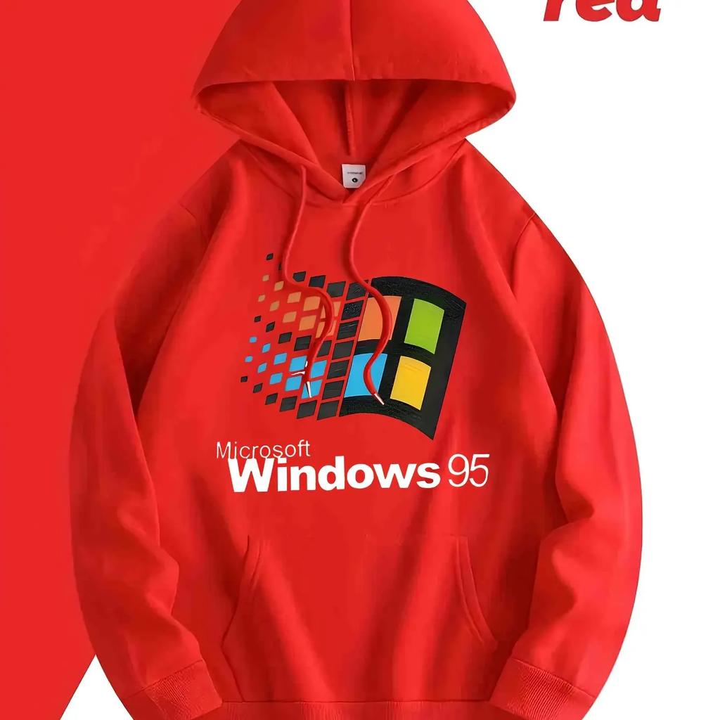 Men's Retro Windows 95 Graphic Hoodie Dark Grey Pullover Sweatshirt Retro Gaming Hoodie for Tech Enthusiasts