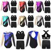 Girls 3 Piece Gymnastics Set Long Sleeve Mesh Leotard Keyhole Back with Cross Vest Rhinestone Shorts
