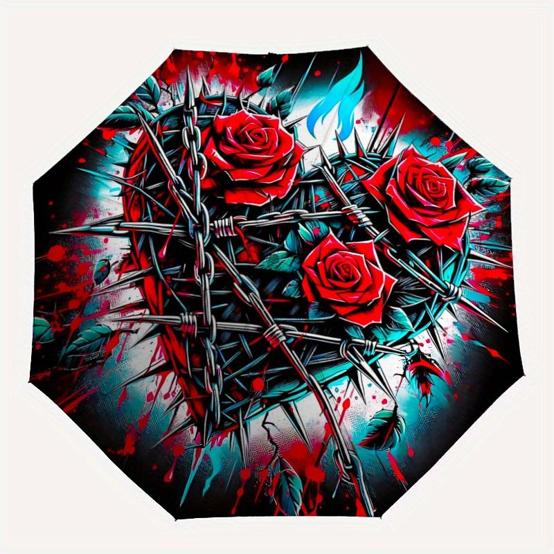 1pc Barbed Wire Roses Automatic Opening/closing umbrella, Reinforced 8-Rib Construction, Compact Travel Umbrella yy250808149