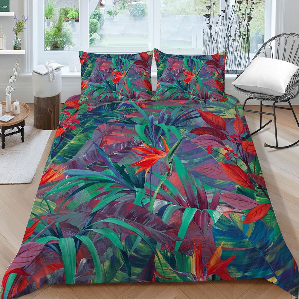 Family Bedding Single Double Bed Full Size Plant Printing Series Bedding Leaf Pattern Pillowcase and Quilt Cover Washable Home Decoration
