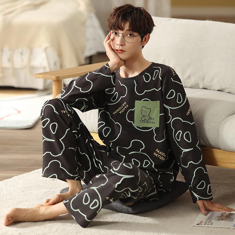 Тип Пижамный костюм из чистого хлопка на осень-зиму для мужчин с длинными рукавами из хлопка, комплект домашней одежды для мужчин, мягкая домашняя одежда для мужчин