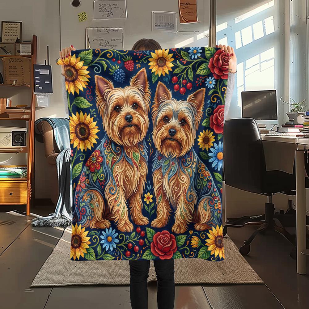 Sunflower flowers and puppies Print Flannel Blanket,High quality Comfortable for All Seasons,Home Decor,Warmth and Comfort,Perfect for Christmas Gifts