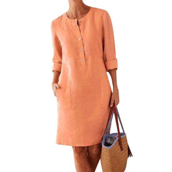Plus Size Casual Solid Color Cotton Linen Women Long Sleeve Tunic Kaftan Dress