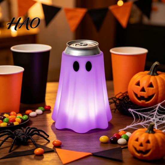 Halloween Beverage Can Sleeve 3D Printed Ghost Holder, Glow?in?the?Dark Soda Non Slip Protector Cup Cover, Cute Tabletop Decor for Party