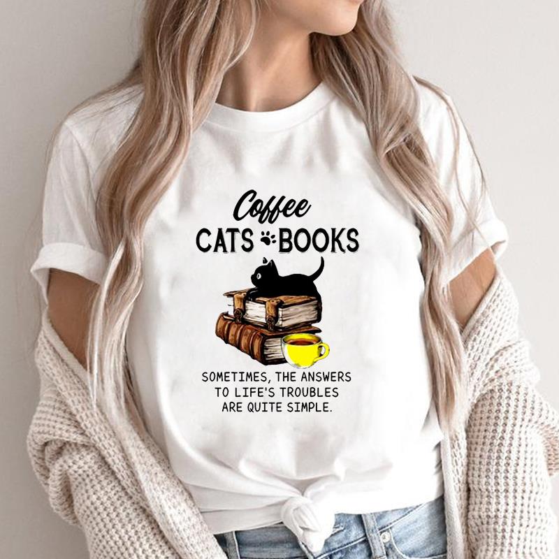 (Азиатский размер) Женская футболка с рисунком Cat Books Love Sweet Trend, модная повседневная футболка с коротким рукавом и принтом, летний топ, женская женская футболка, одежда