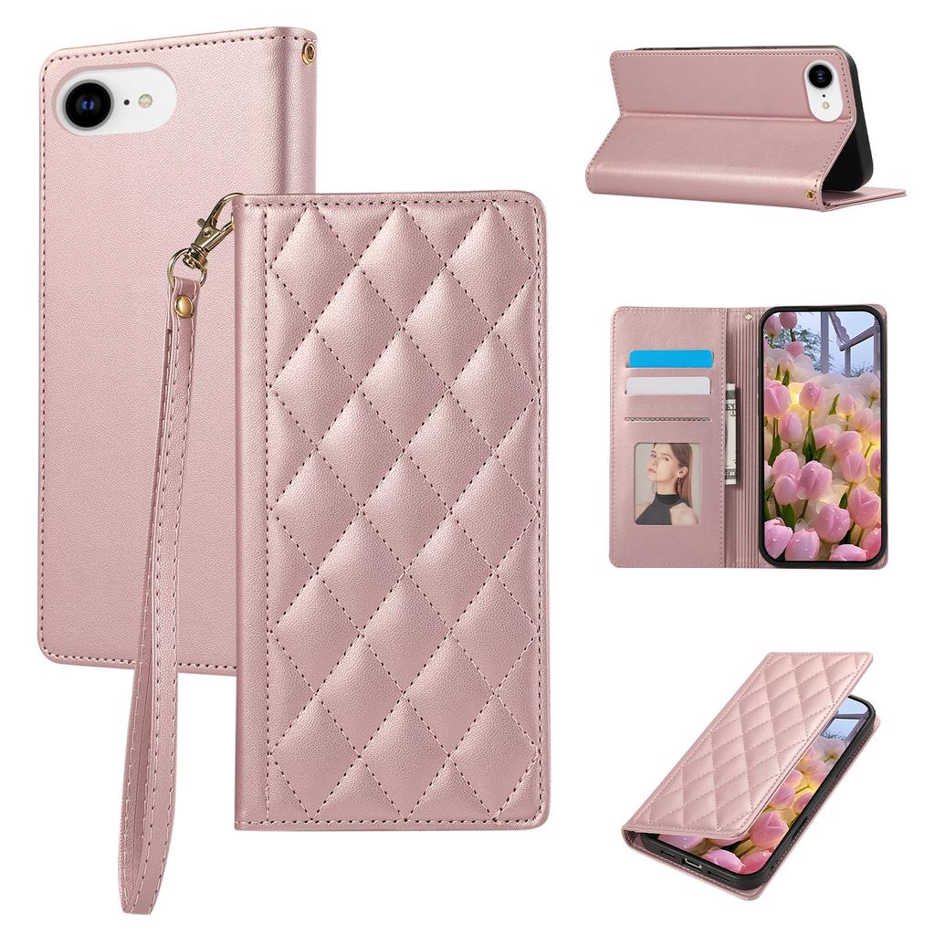 For iPhone 16e Case RFID Blocking Wallet Stand Rhombus Leather Phone Cover with Wrist Strap