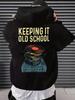 Men's Back Print Hoodie, KEEPING IT OLD SCHOOL Vintage Vinyl Record Graphic Hooded Sweatshirt, Retro Hip‑Hop Music Casual Loose Pullover Hoodie