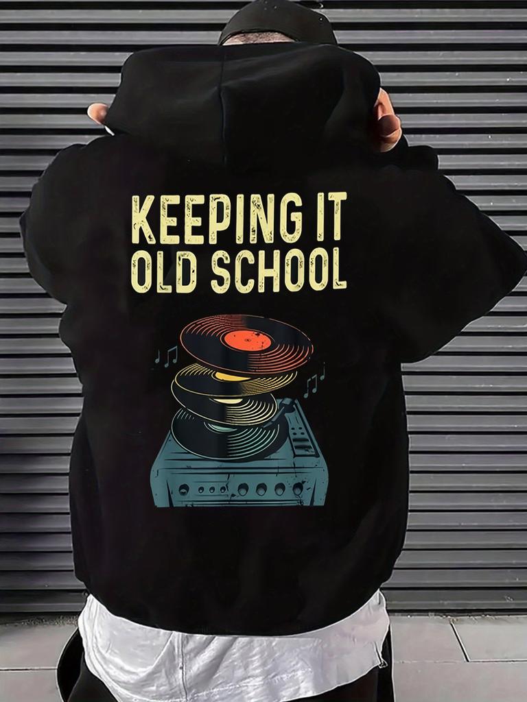 Men's Back Print Hoodie, KEEPING IT OLD SCHOOL Vintage Vinyl Record Graphic Hooded Sweatshirt, Retro Hip‑Hop Music Casual Loose Pullover Hoodie