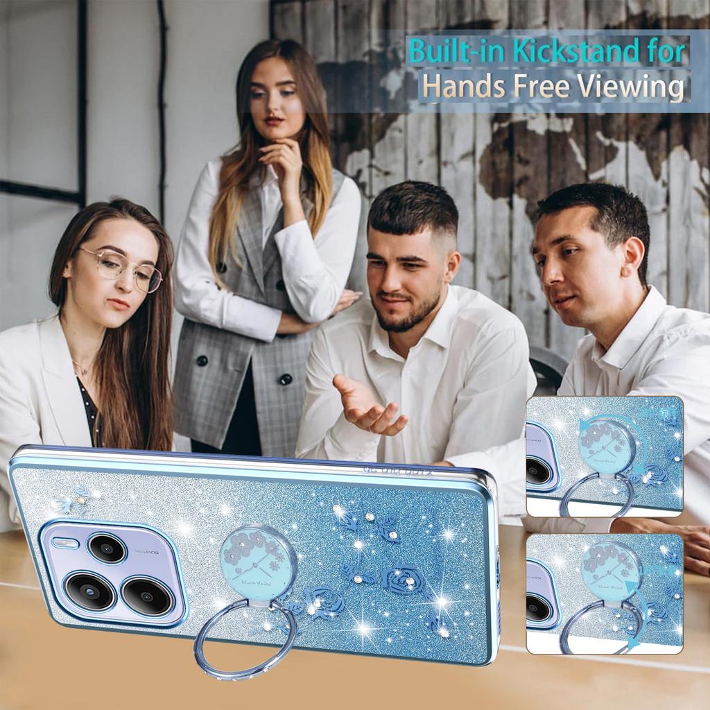 For Xiaomi Redmi Note 14 Pro 4G Case Ring Kickstand TPU Flowers Phone Cover Gradient Glitter