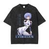 Евангелион Neon Genesis (EVA) Рей Аянами Костюм Евы Винтажная Стирка Оверсайз Черная Футболка | Фанату Меха Аниме Унисекс Уличная Футболка