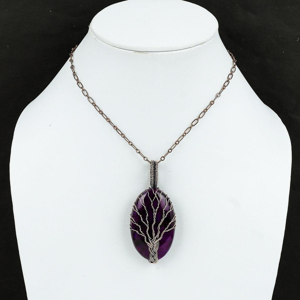 Кулон из фиолетового огненного лабрадорита «Дерево жизни», подвеска из медной проволоки, подвеска ручной работы, подвеска из медной проволоки, ювелирное изделие с драгоценным камнем для подарка