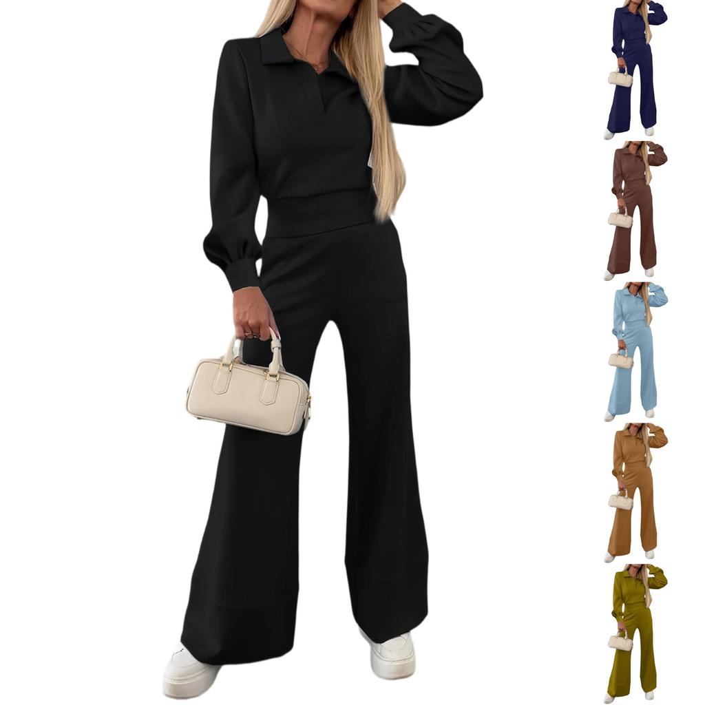 Женская Мода Повседневный Домашний Однотонный Топ с Лацканами и Длинным Рукавом Эластичные Брюки с Широкими Штанинами Комплект из Двух Предметов