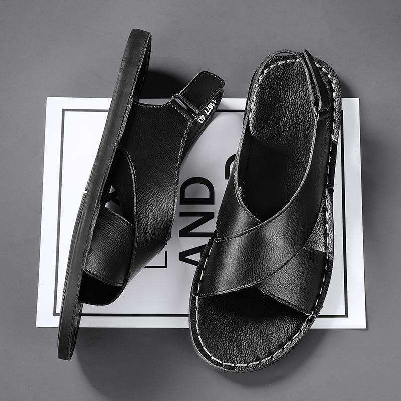 Новые мужские летние кожаные сандалии большого размера на плоской подошве, нескользящие, с открытым носком, на крючке, перфорированные, дышащие, высококачественные, пляжные сандалии