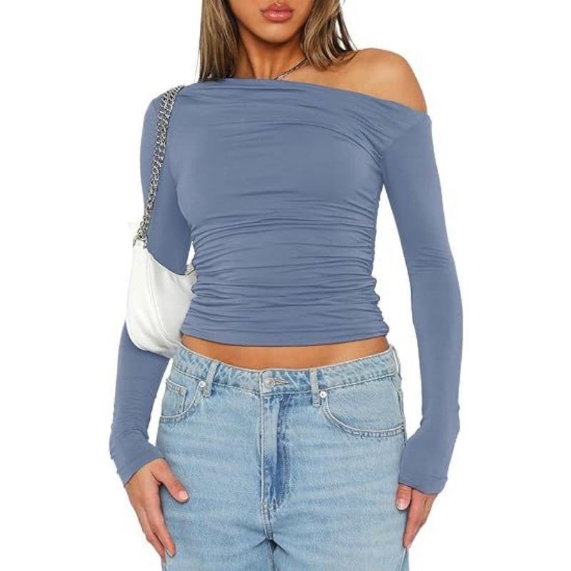 Women's Blouse Spring and Autumn Slant Shoulder Asymmetric Solid Colour Navel Blouse Long-sleeved Sexy Slim Temperament T-shirt