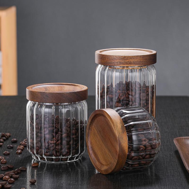 Vertical Acacia wood cover tea can coffee bean storage sealed tank kitchen home storage tank