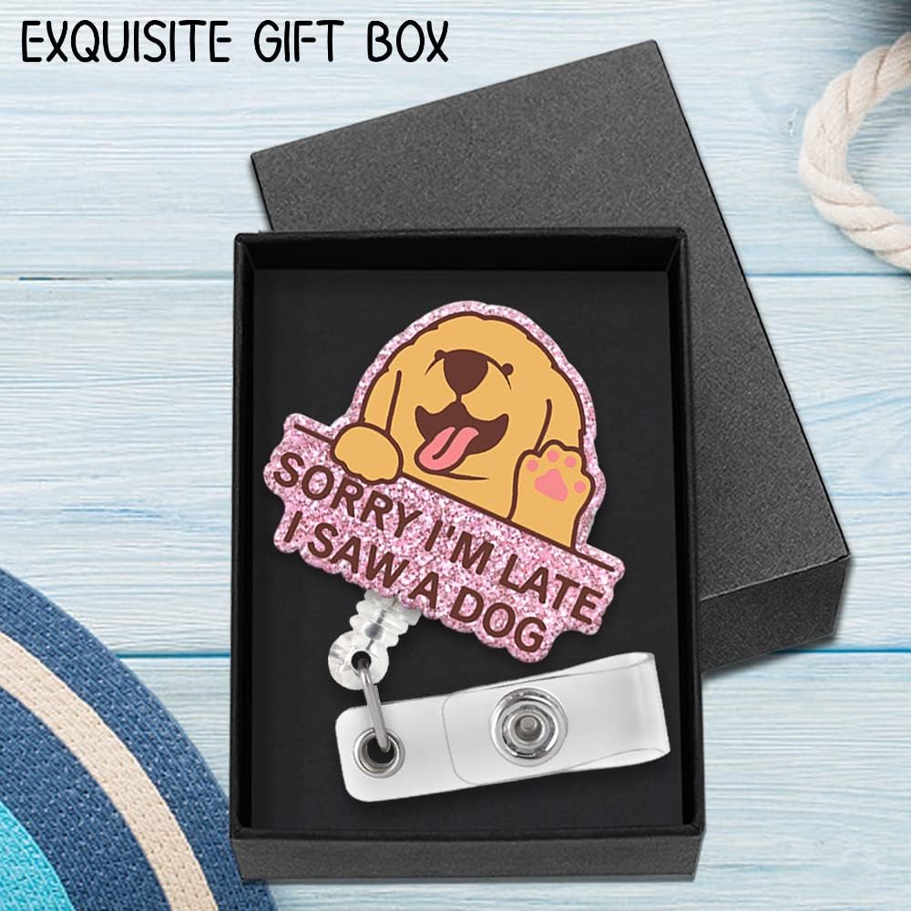 Sorry I'm Late I Saw A Dog Fun Shaped Badge Reel Holder with Metal Shark Clip Office Hospital Lab Work ID Tag Badge Gift for Doctor Nurse Social