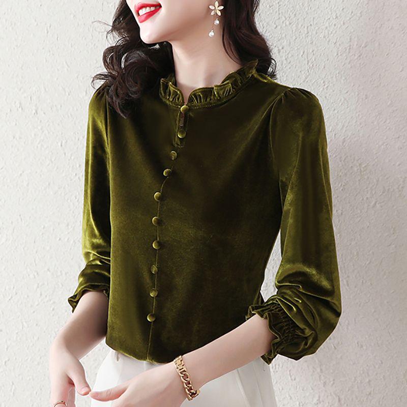 Осень-зима золотые бархатные рубашки женская мода с длинным рукавом сплошной цвет пуловер свободная рубашка