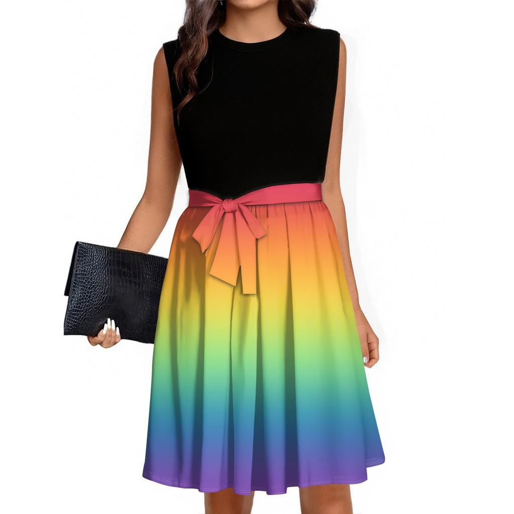 Women's Fashion Casual Lace-up Sleeveless Round Neck Splicing Short Dress