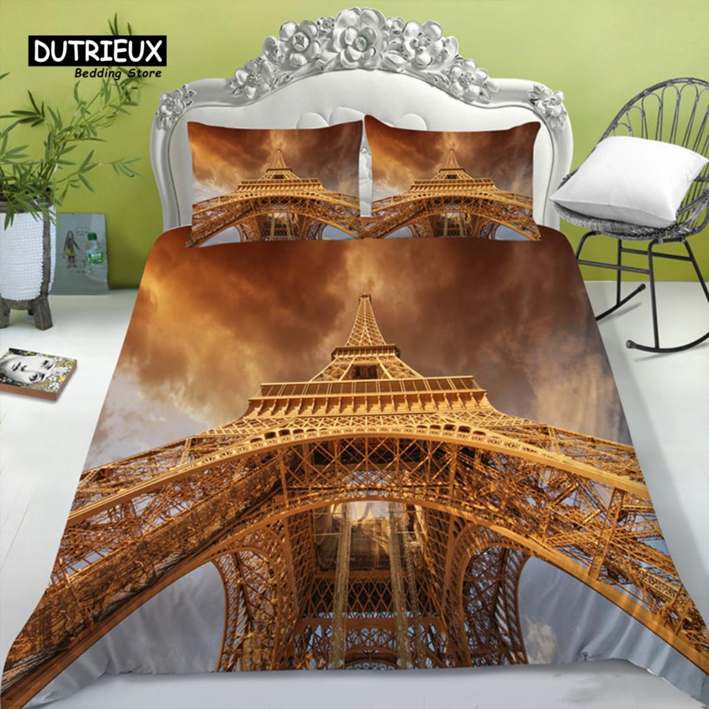 Пододеяльник с изображением Эйфелевой башни, современный французский комплект постельного белья с изображением городского пейзажа Парижа, 3D, европейское здание, одеяло, покрывало King для детей и взрослых, декор